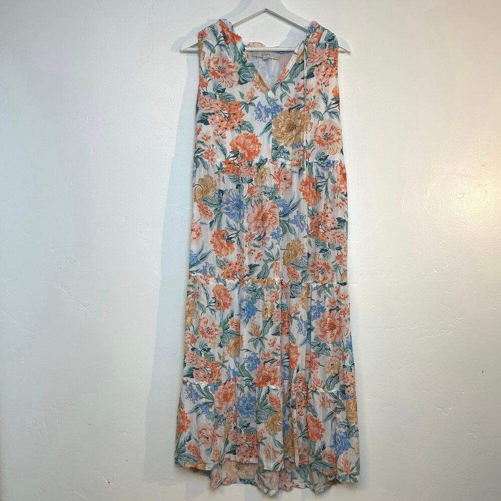 LOFT Floral Tiered Sleeveless Midi Dress Size M Lightweight Unlined Skirt